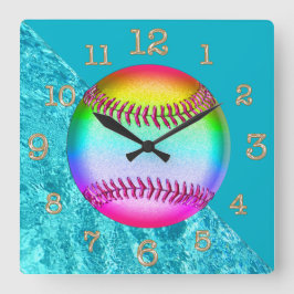 Cute Turquoise Multicolored Softball Wall Clock Quadratische Wanduhr