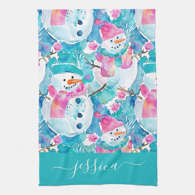 Cute turquoise snowmen script name geschirrtuch (Vertikal)