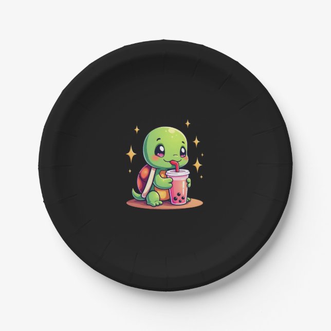 Cute turtle drinking boba. Funny Boba Turtles Love Pappteller (Vorderseite)