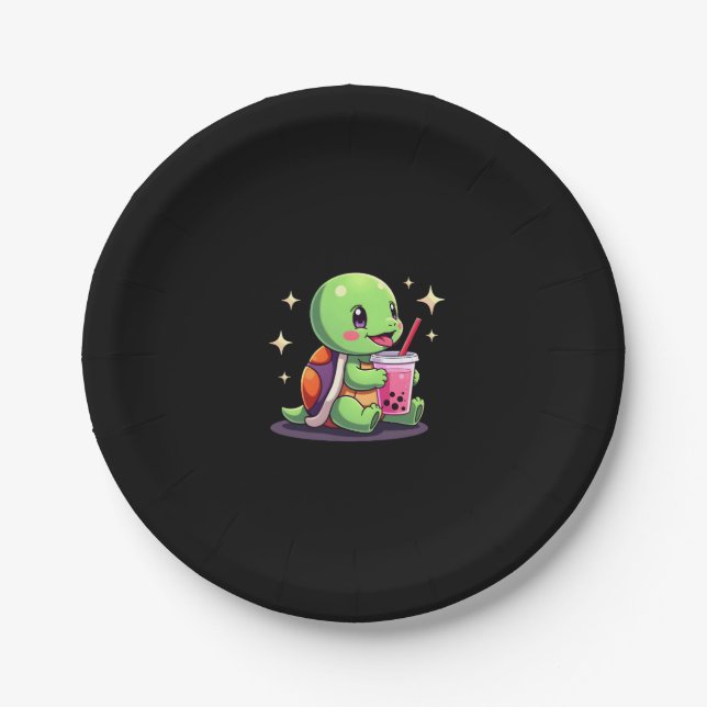 Cute turtle drinking boba. Funny Boba Turtles Love Pappteller (Vorderseite)
