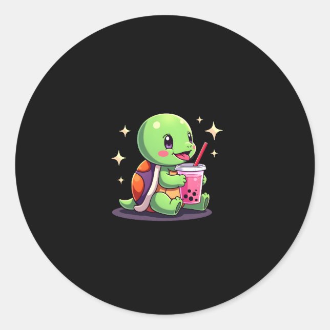 Cute turtle drinking boba. Funny Boba Turtles Love Runder Aufkleber (Vorderseite)
