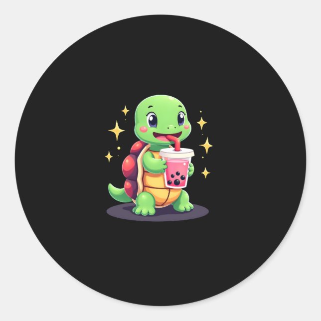 Cute turtle drinking boba. Funny Boba Turtles Love Runder Aufkleber (Vorderseite)