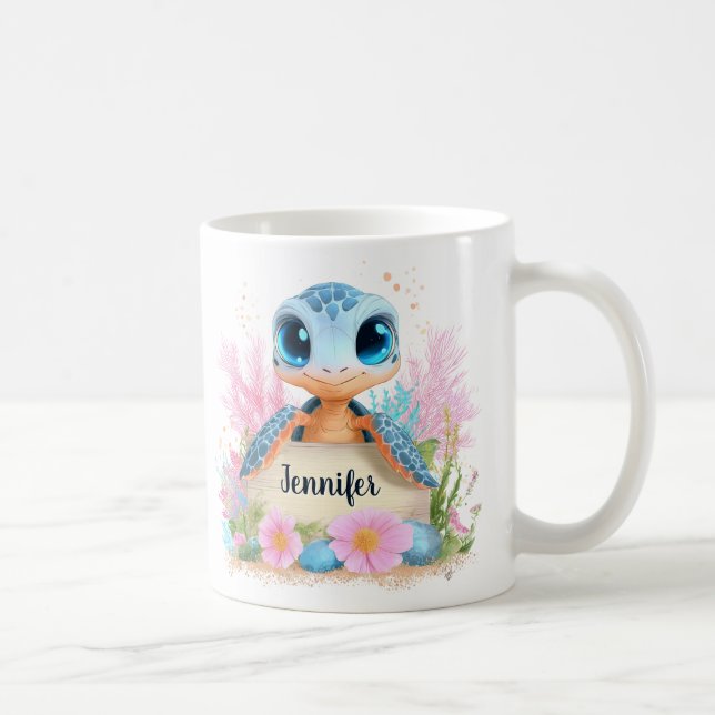 Cute Turtle Personalized Custom Name Animal Kaffeetasse (Rechts)