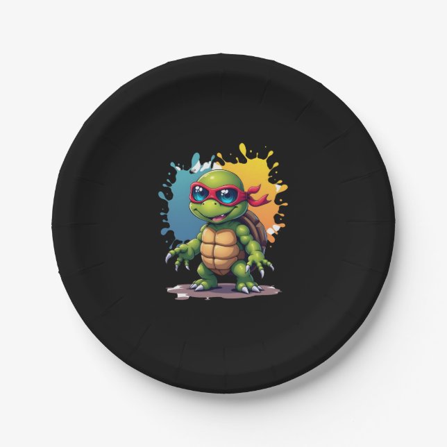 Cute Turtle Wearing Sunglasses Paint Splash Sea An Pappteller (Vorderseite)