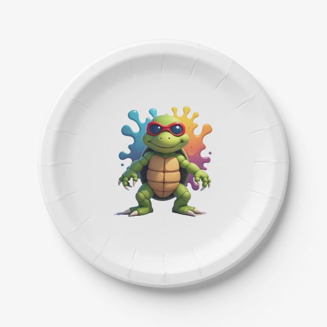 Cute Turtle Wearing Sunglasses Paint Splash Sea An Pappteller (Vorderseite)