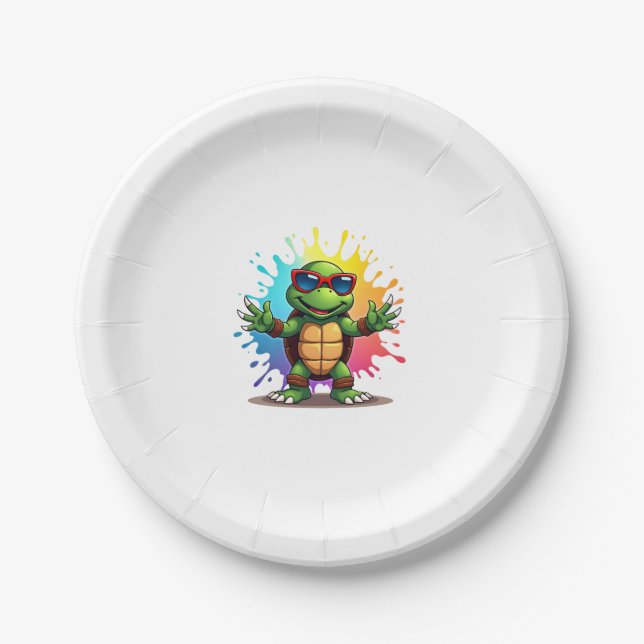 Cute Turtle Wearing Sunglasses Paint Splash Sea An Pappteller (Vorderseite)