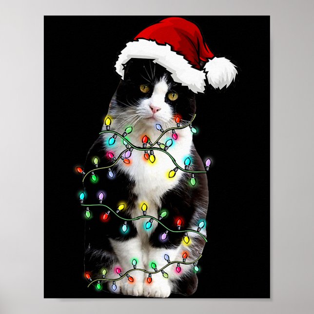 Cute Tuxedo Black Cat Christmas Light Cat Christma Poster (Vorne)