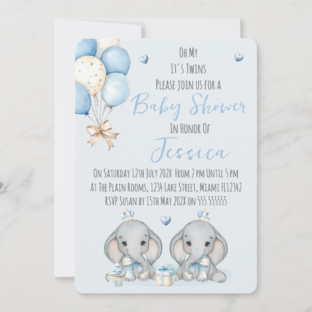 Cute Twin Boys Elephant  Baby Shower Invitation Einladung (Vorderseite)