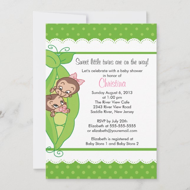 Cute Twin Monkeys Pea Pod Baby Show Invitations (Devant)
