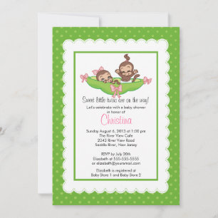 Cute Twin Monkeys Pea Pod Baby Show Invitations