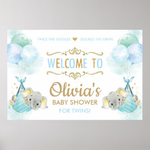 Cute Twins Boys Elephants Baby shower Affiche de b