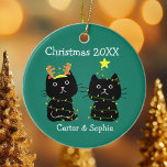 Cute Two Cat Christmas Lights Custom Names Green Keramik Ornament<br><div class="desc">This cute cat Christmas ornament features 2 black kittens wrapped in Xmas lights. Customize this pretty green holiday ornament for a friend or family member who loves their two cute kitties. Monogram their names in white under the adorable felines.</div>