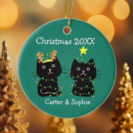 Cute Two Cat Christmas Lights Custom Names Green Keramik Ornament