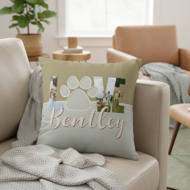 Cute Two Tone Dog Photo Love Paw Print Kissen (Create a cute keepsake of your best friend with this Cute Two Tone Dog Photo Love Paw Print Pillow!)