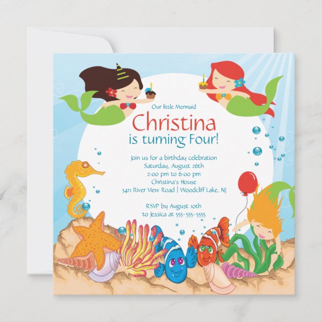 Cute Under the Sea Mermaid Invitation Anniversaire (Devant)