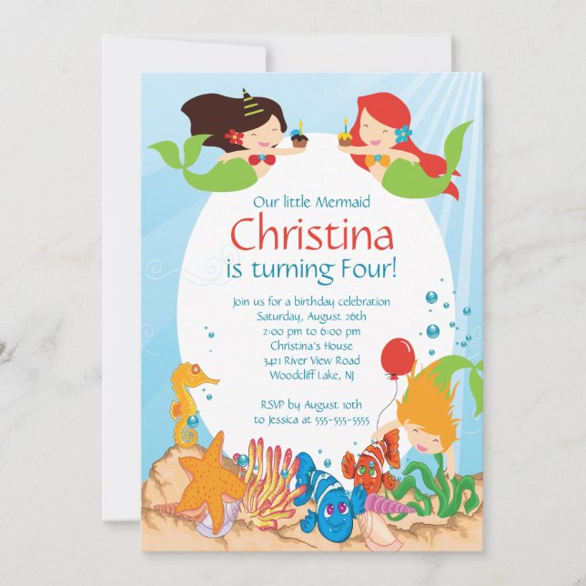 Cute Under the Sea Mermaid Invitation Anniversaire (Devant)