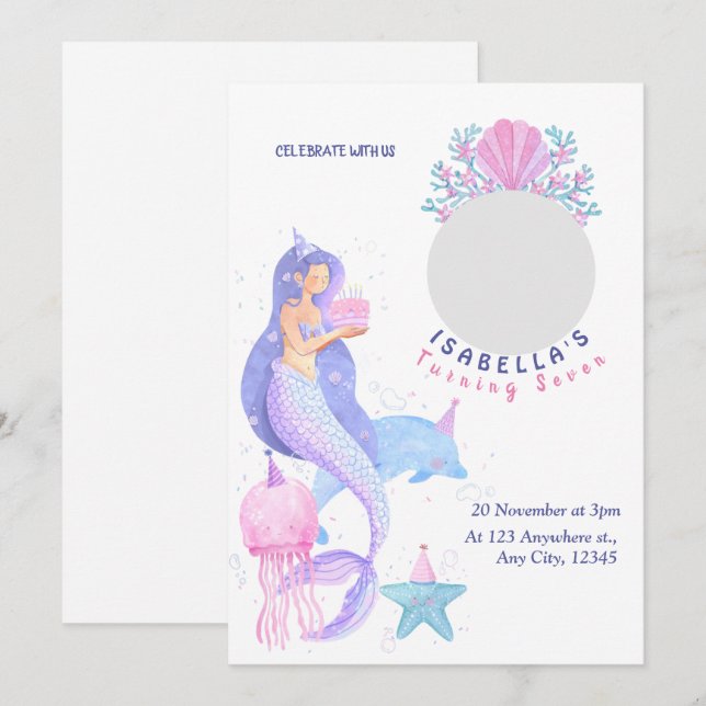Cute Under the Sea Mermaid Invitation d'anniversai (Devant / Derrière)