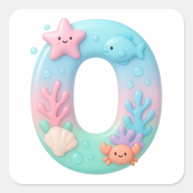 Cute Under The Sea Theme Cartoon Number 0 Quadratischer Aufkleber (Vorderseite)