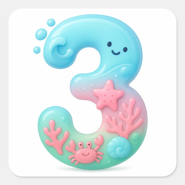 Cute Under The Sea Theme Cartoon Number 3 Quadratischer Aufkleber (Vorderseite)