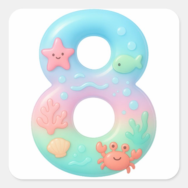 Cute Under The Sea Theme Cartoon Number 8 Quadratischer Aufkleber (Vorderseite)