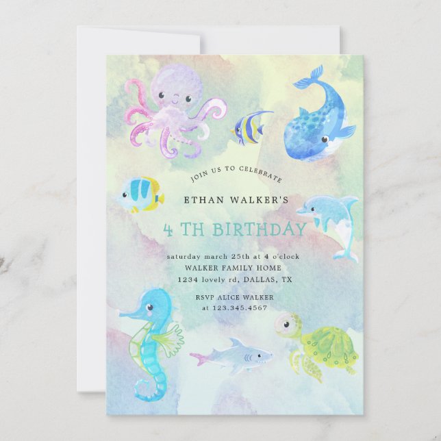 Cute under the sea watercolor Invitation Anniversa (Devant)