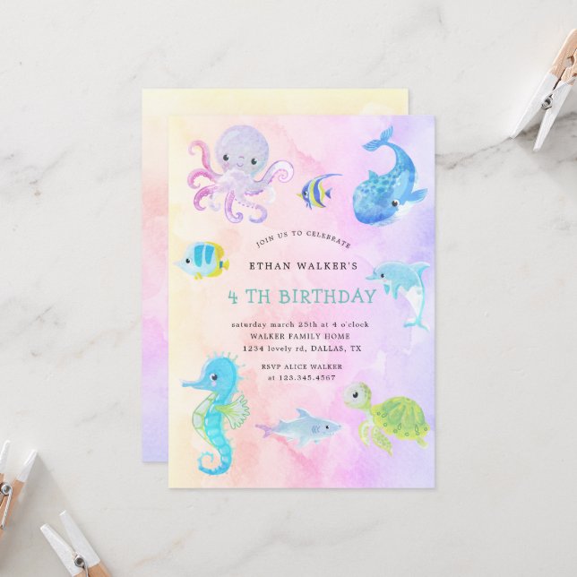 Cute Under the Sea Watercolor Invitation d'anniver (Devant/Arrière en situation)