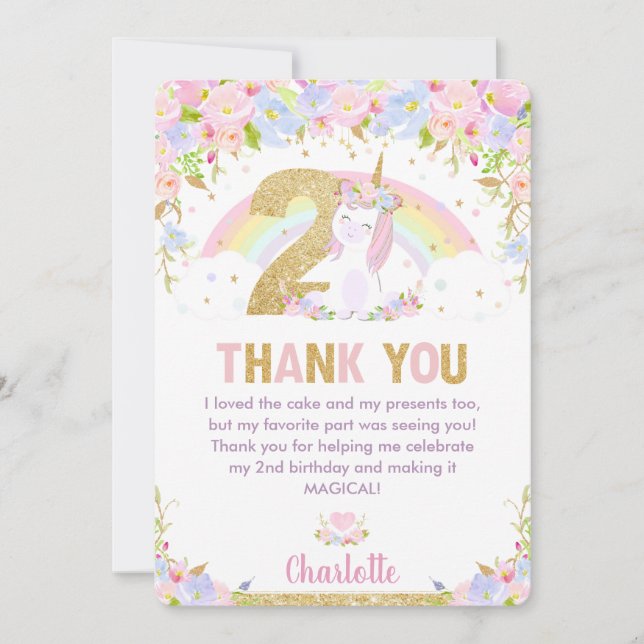 Cute Unicorn 2e anniversaire Rainbow Floral Merci (Devant)