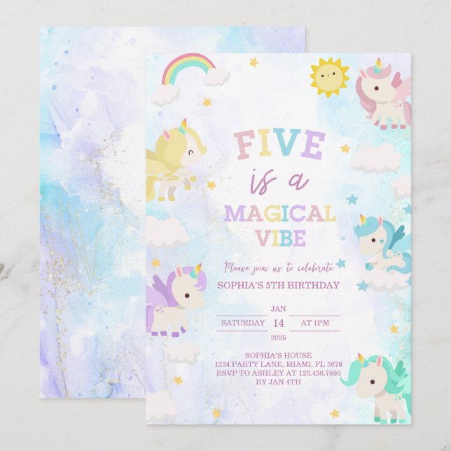 Cute Unicorn 5e anniversaire Invitation (Devant / Derrière)