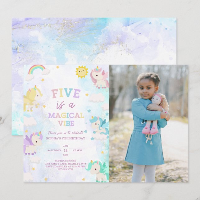 Cute Unicorn 5e anniversaire Invitation photo (Devant / Derrière)