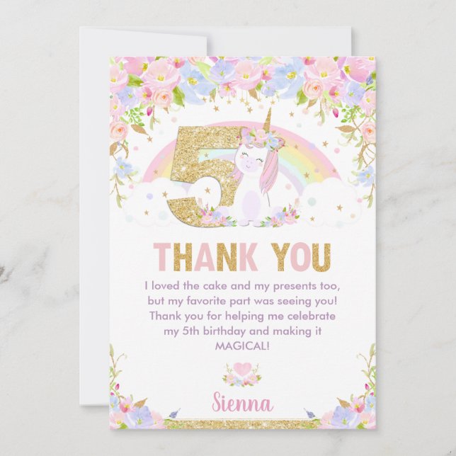 Cute Unicorn 5e anniversaire Rainbow Floral Merci (Devant)