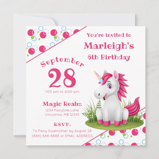 Cute Unicorn Anniversaire Invitation avec Pois (Devant)