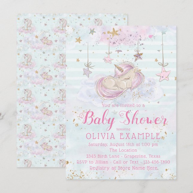 Cute Unicorn Baby Shower Invitations (Devant / Derrière)