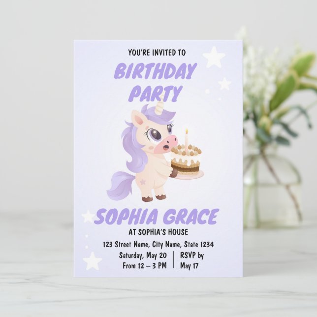 Cute Unicorn Birthday Invitation (Debout devant)