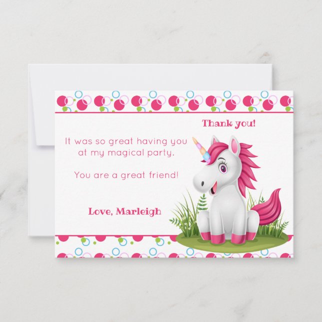 Cute Unicorn Carte de remerciements avec Pois (Devant)