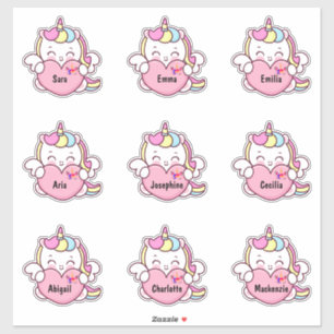 Cute Unicorn Customisé plusieurs noms Stickers