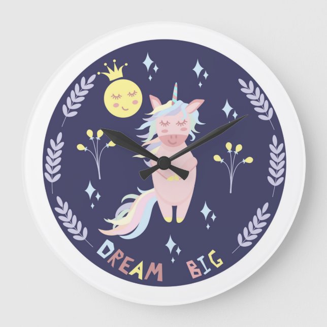 Cute unicorn dream big navy blue große wanduhr (Vorderseite)