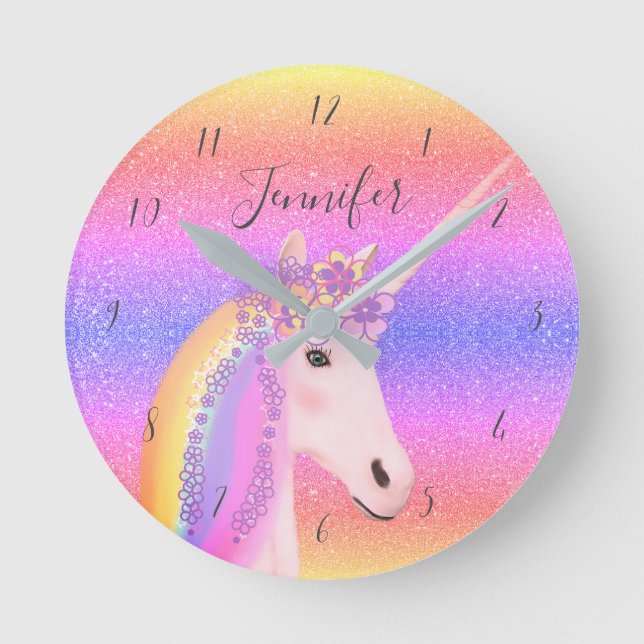 Cute Unicorn Glitter Rainbow Kids Monogram Runde Wanduhr (Vorderseite)