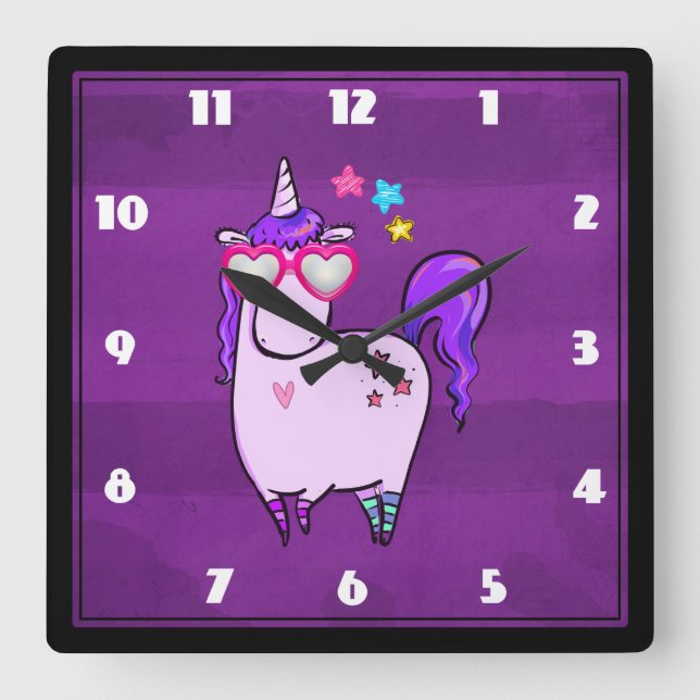 Cute Unicorn in Heart Shaped Glasses Quadratische Wanduhr (Vorderseite)