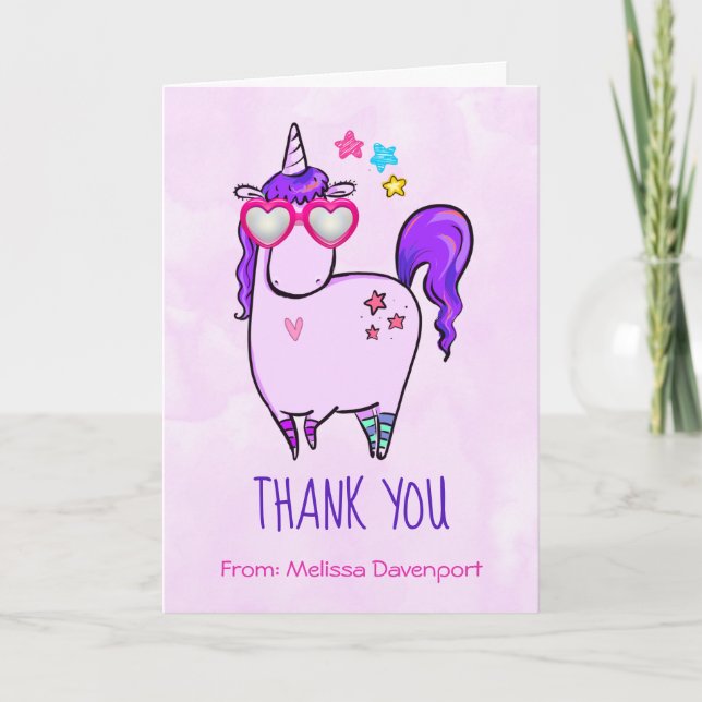 Cute Unicorn in Heart Shaped Glasses Thank You Karte (Vorderseite)