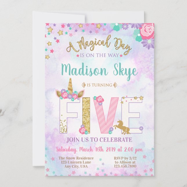 Cute Unicorn Invitation Anniversaire Cinquième Cin (Devant)