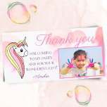 Cute Unicorn Pink Photo Kids Birthday Dankeskarte<br><div class="desc">Cute unicorn thank you card for children with a photo. The card has a pretty unicorn with a beautiful mane and the background with gentle pink bubbles. Thank your family and friends for coming to your child`s birthday party and for their wonderful gifts. Insert your child`s photo into the template....</div>