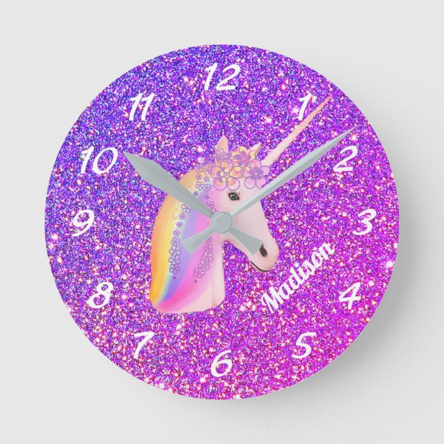 Cute Unicorn Purple Pink Glitter Personalized Runde Wanduhr (Vorderseite)