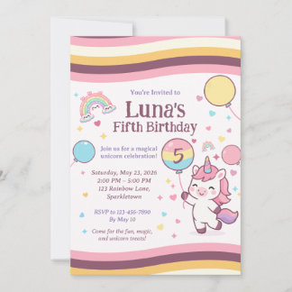 Cute Unicorn Rainbow Girl Fifth Birthday Party Einladung