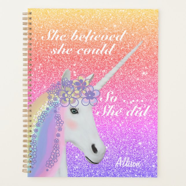Cute Unicorn Rainbow Glitter Girl Personnalized (Devant)