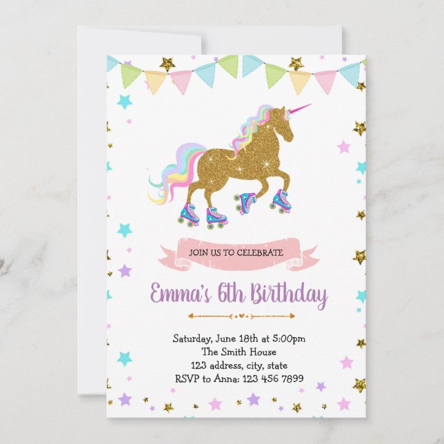 Cute unicorn roller skate thème invitation (Devant)
