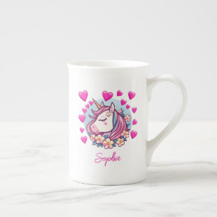 Cute Unicorn, rosa Herzen und Blumen, eigener Name Prozellantasse
