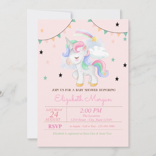 Cute Unicorn, Stars Baby shower Invitation (Devant)