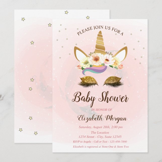 Cute Unicorn, Stars Baby shower Invitation (Devant / Derrière)