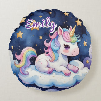Cute Unicorn sur Cloud Editable Nom Coussin rond