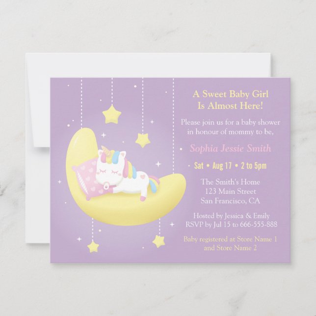 Cute Unicorn sur Moon Baby Shower Invitations (Devant)